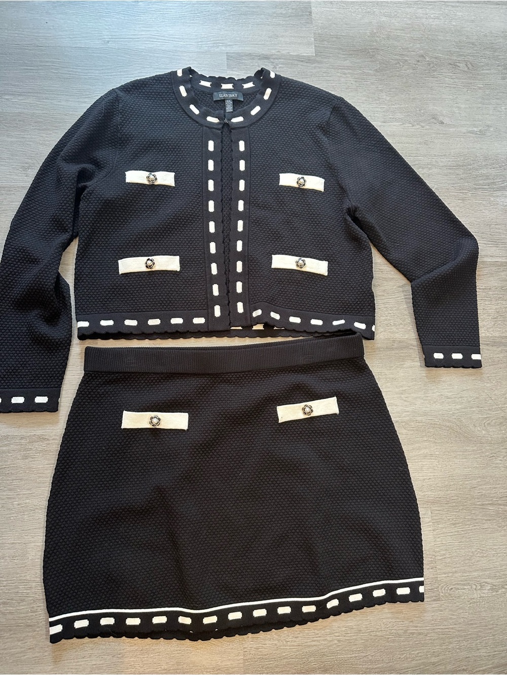 Chic Black Two-Piece Knit Set with White Trim